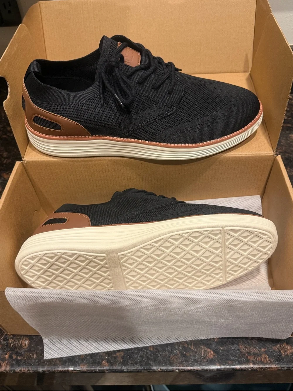 Men's Athletic Knit Lace-Up Sneakers. Black with Brown Trim. Size 46. New in box